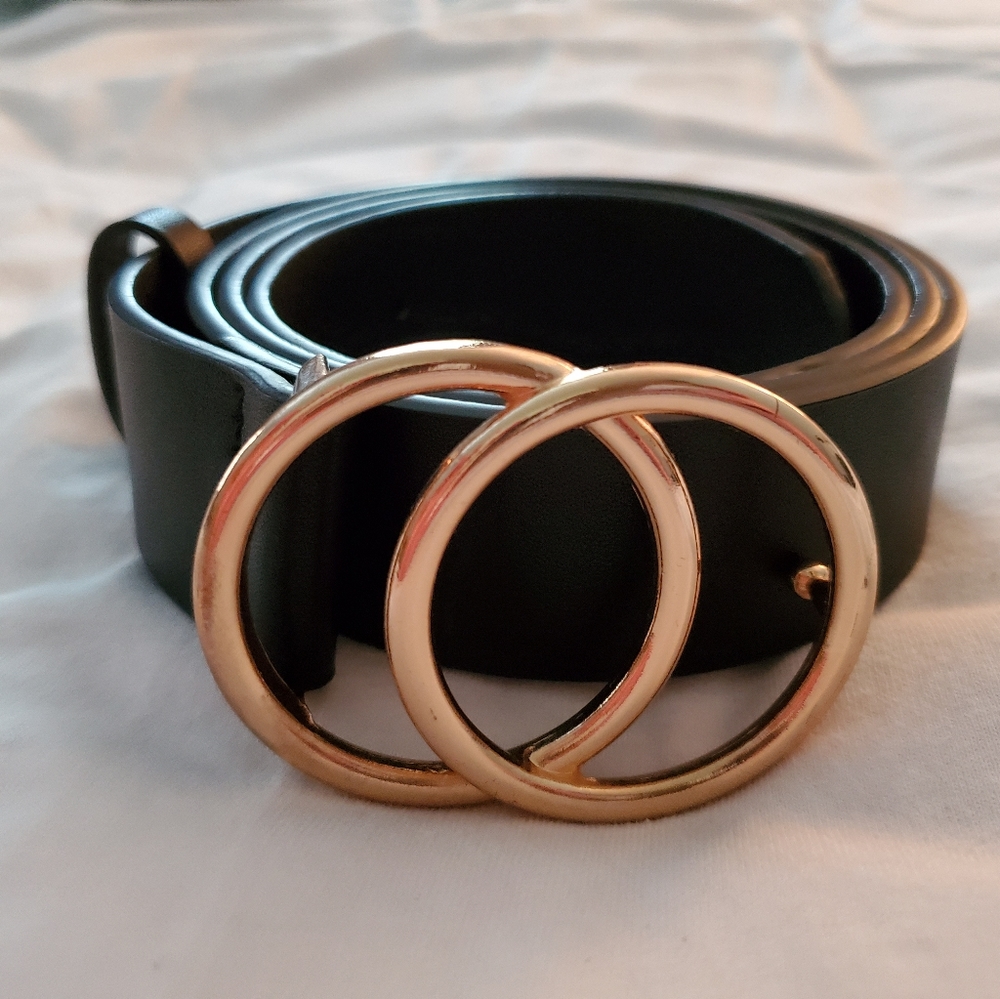 Black Faux Leather Double O-Ring Gold Buckle Waist Belt
